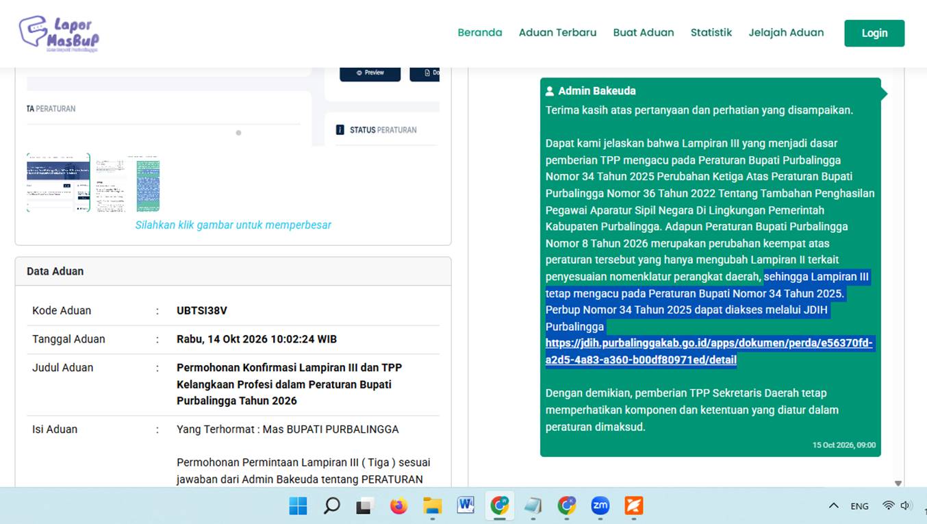 Lampiran foto terkait aduan Pertanyaan Mengenai Duplikasi Peraturan Bupati Nomor 34 Tahun 2025 dan Ketidaksesuaian Publikasi BPK RI Perwakilan Jawa Tengah