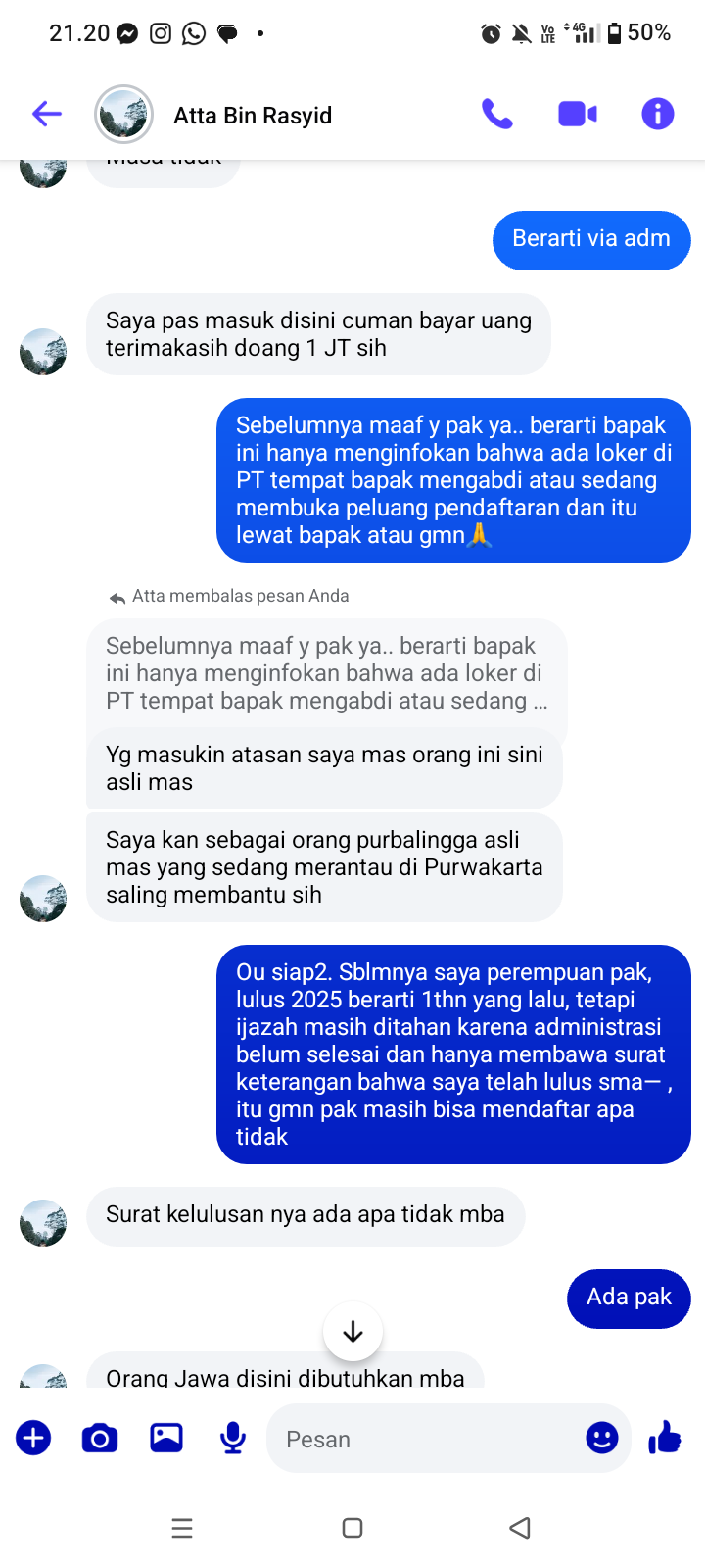 Lampiran foto terkait aduan Laporan Dugaan Penipuan Lowongan Kerja di Karawang atas Nama Warga Manduraga Kalimanah