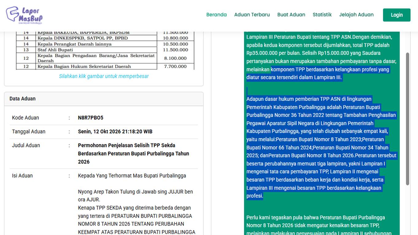Lampiran foto terkait aduan Permohonan Konfirmasi Lampiran III dan TPP Kelangkaan Profesi dalam Peraturan Bupati Purbalingga Tahun 2026